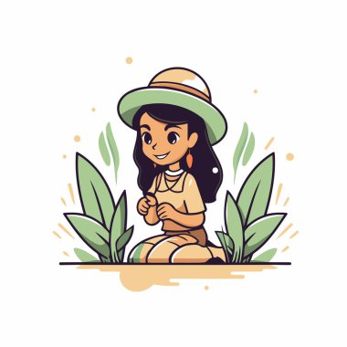 Şapkalı, yerde oturan tatlı bir çizgi film kızı. Vektör illüstrasyonu.