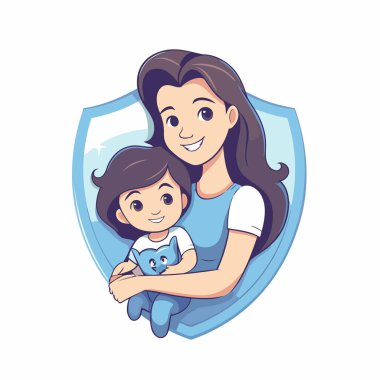 Anne ve kızı bir kalkanın arka planında sarılıyorlar. Vektör illüstrasyonu