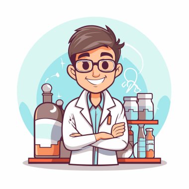 Laboratuvar önlüklü ve gözlüklü bilim adamı kollarını kavuşturmuş duruyor. Vektör illüstrasyonu.