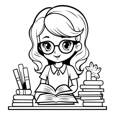 Gözlüklü kız kitap okuyor - siyah-beyaz vektör çizimi.