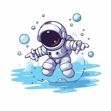 Astronot suda uçuyor. Beyaz arkaplanda vektör illüstrasyonu.