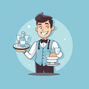 Garson bulaşıkları servis ediyor. Mavi arkaplanda çizgi film tarzında vektör illüstrasyonu