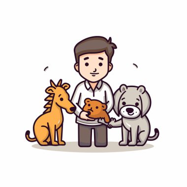 Evcil hayvanlarla oynayan sevimli çocuk. Çizgi film tarzında vektör illüstrasyonu.