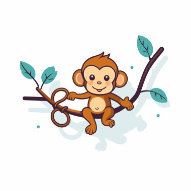 Dalında makas olan sevimli çizgi film maymunu. Vektör illüstrasyonu.