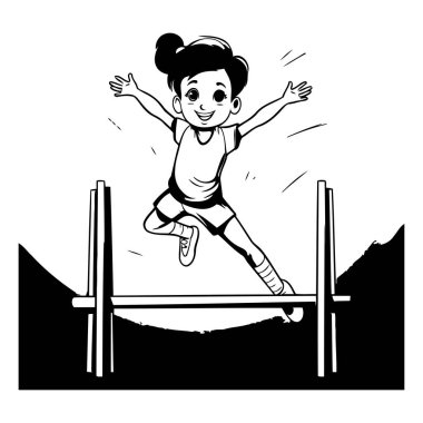 Kız engelin üzerinden atlıyor. Boyama kitabı için siyah ve beyaz vektör çizimi.