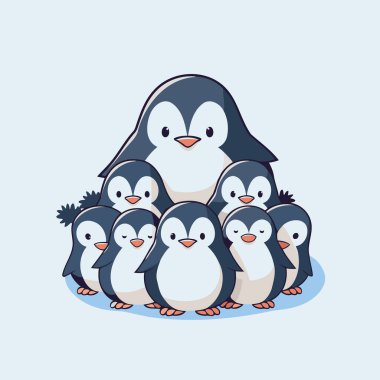 Sevimli penguenler. Mavi arkaplanda çizgi film tarzında vektör illüstrasyonu