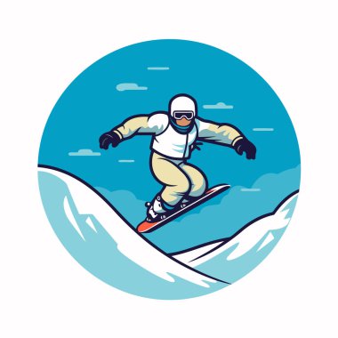 Snowboard sporcusu snowboard 'a atlıyor. Retro biçiminde vektör illüstrasyonu.