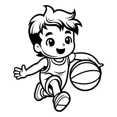 Basketbol oyuncusu - Siyah ve Beyaz Çizgi Film Vektör İllüzyonu. Beyaz Arkaplanda İzole Edilmiş