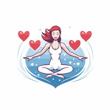 Nilüfer pozisyonunda meditasyon yapan bir kadının kalp arka planında vektör çizimi