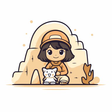 Kumdan kalede kedisi olan sevimli küçük bir kız. Vektör illüstrasyonu.