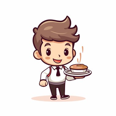 Küçük sevimli garson elinde bir tepsi yemek tutuyor. Vektör illüstrasyonu.