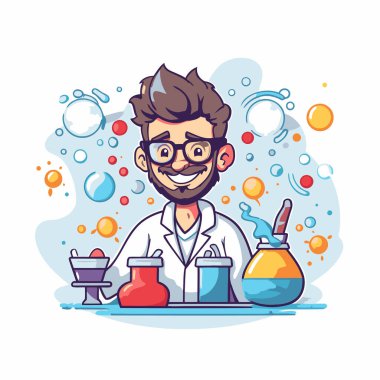 Kimyasal deneyi olan çizgi film bilim adamı. Çizgi film tarzında vektör illüstrasyonu.