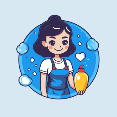 Çember vektör çiziminde deterjanı olan temizlikçi kadın çizgi film karakteri.
