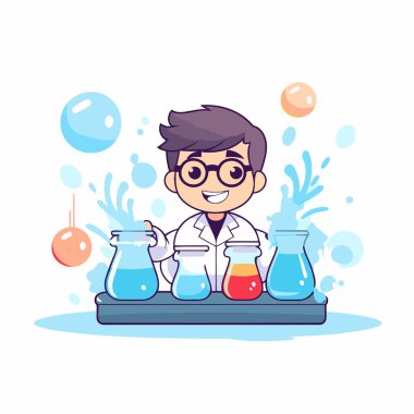 Kimyasal mataraları olan bir bilim adamı. Çizgi film tarzında vektör illüstrasyonu.