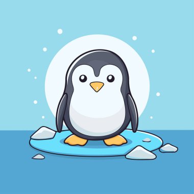 Buz kütlesinin üzerinde oturan sevimli penguen. Vektör illüstrasyonu.