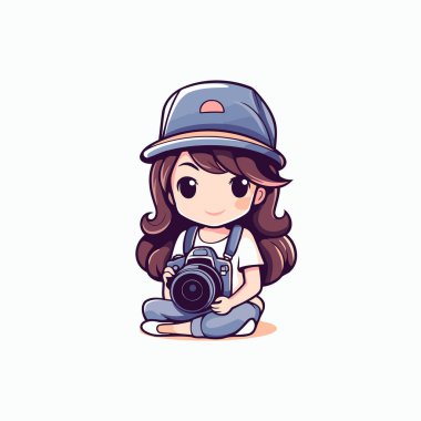 Kameralı şirin küçük kız. Çizgi film tarzında vektör illüstrasyonu.