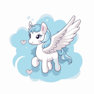Bulutta kanatları olan şirin beyaz tek boynuzlu at çizgi filmi. Vektör illüstrasyonu.