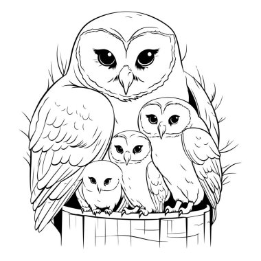 Baykuş ailesi ve çocukları. siyah ve beyaz vektör çizimi.