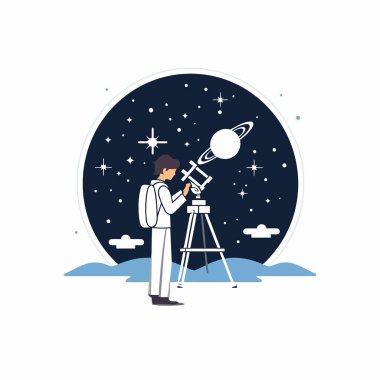 Teleskoplu bir astronot. Düz stil vektör çizimi. Uzayda Astronot.