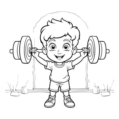 Çizgi filmdeki küçük çocuk dambılları kaldırıyor. Boyama kitabı için Vektör illüstrasyonu