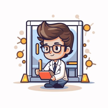 Laboratuvar karikatür karakter vektör çizimi grafik tasarımında çalışan bilim adamı.