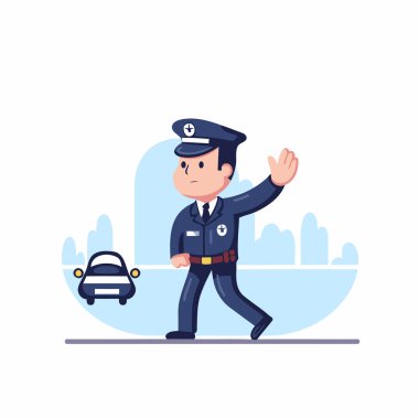 Polis arabası ile yürüyen bir polis. Düz biçimli vektör illüstrasyonu