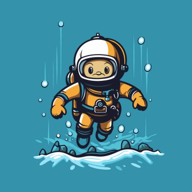Suda yüzen uzay giysili şirin astronot. Vektör illüstrasyonu.