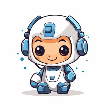 Kulaklıklı sevimli astronot çocuk. Vektör çizimi. Çizgi film karakteri.