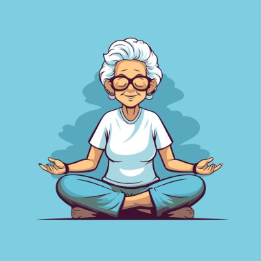 Lotus pozisyonunda oturan yaşlı bir kadın. Vektör illüstrasyonu.