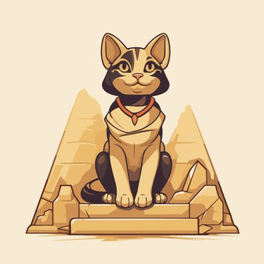 Mısır Sfenksi. Taşın üzerinde oturan bir kedinin vektör çizimi.