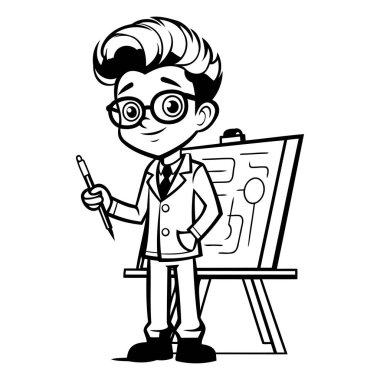 Laboratuvar önlüklü ve kara tahtaya çizen gözlüklü bilim adamı çocuk.