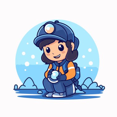 Kışlık elbiseli, karlı şirin bir kız. Vektör illüstrasyonu.