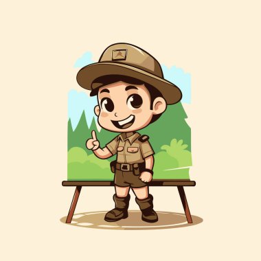 Sevimli izci çizgi film karakteri çizimi. Üniformalı şirin küçük izci çocuk bankta oturuyor ve baş parmağını kaldırıyor.