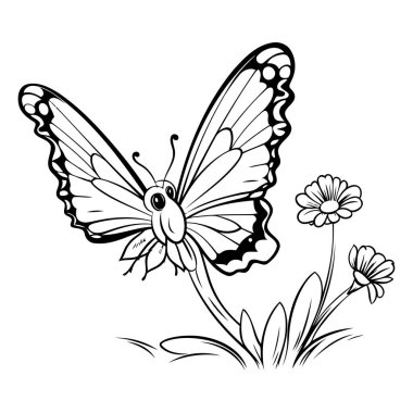 Kelebek ve çiçekler. beyaz arkaplanda izole edilmiş siyah ve beyaz vektör çizimi.