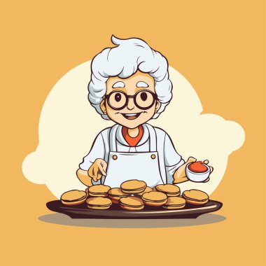 Büyükannem krep pişiriyor. Sarı arkaplanda çizgi film tarzında vektör illüstrasyonu.