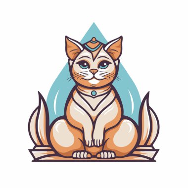 Lotus pozisyonunda oturan sevimli kedi. Vektör illüstrasyonu.