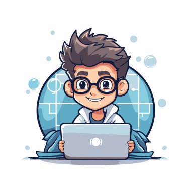 Dizüstü bilgisayarı olan tatlı bir çocuk. Bir çizgi film karakterinin vektör illüstrasyonu.