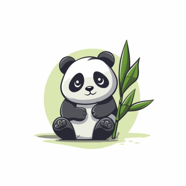 Tatlı panda oturuyor ve elinde bambu yaprakları tutuyor. Vektör illüstrasyonu.