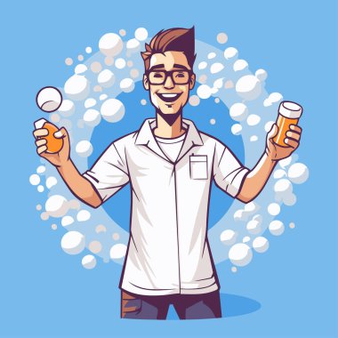 Elinde ilaç şişesi olan yakışıklı bir genç. Vektör illüstrasyonu.