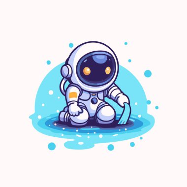 Suda bir astronot. Çizgi film tarzında vektör illüstrasyonu.