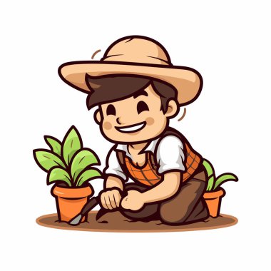 Bir bahçıvanın saksıya çiçek ekmesinin vektör çizimi.