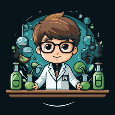 Laboratuvar önlüğü ve gözlüklü bilim adamı. Vektör çizgi film illüstrasyonu.