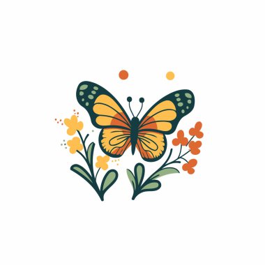 Çiçekli ve yapraklı kelebek. Düz biçimli vektör illüstrasyonu.