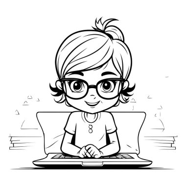 Dizüstü bilgisayarda oturan gözlüklü küçük bir kızın vektör çizimi.