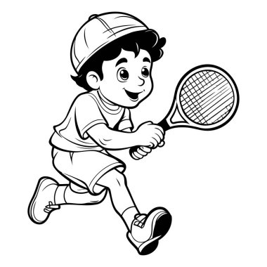 Tenis oynayan çocuk - Siyah ve Beyaz Çizgi Film İllüstrasyonu. Beyaz Arkaplanda İzole Edilmiş