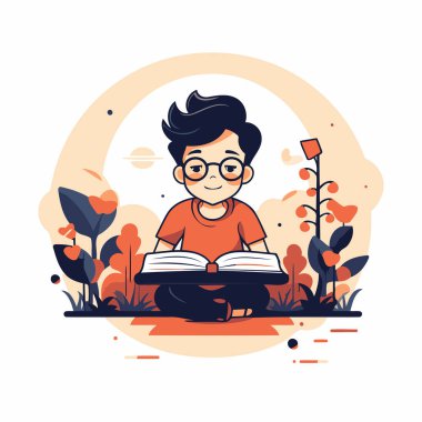 Parkta kitap okuyan bir çocuğun vektör çizimi. Eğitim kavramı