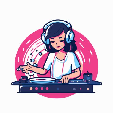 Hoş kız DJ 'i pikapta müzik çalıyor. Vektör illüstrasyonu.