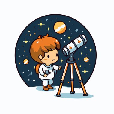 Uzayda teleskoptan bakan bir çocuk. Şirin çizgi film vektör illüstrasyonu.