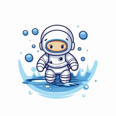 Suda bir astronot. Şirin çizgi film vektör illüstrasyonu.