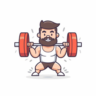 Sakallı şişman adam halter kaldırıyor. sağlıklı yaşam tarzı konsept vektörü.